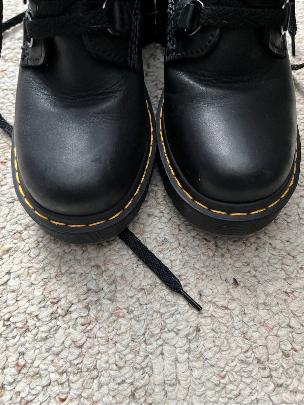 Dr. Martens Black Lace-Up Platform Heel Boots with Yellow Stitching - Picture 9 of 12